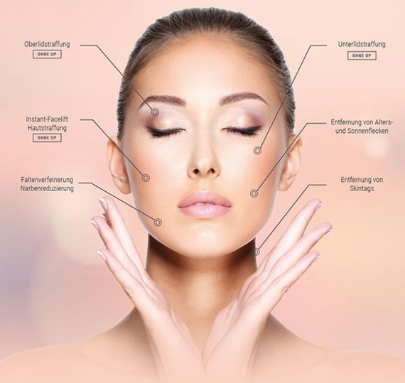 Gesicht einer Frau in Frontalansicht, unterteilt in typische Behandlungsbereiche